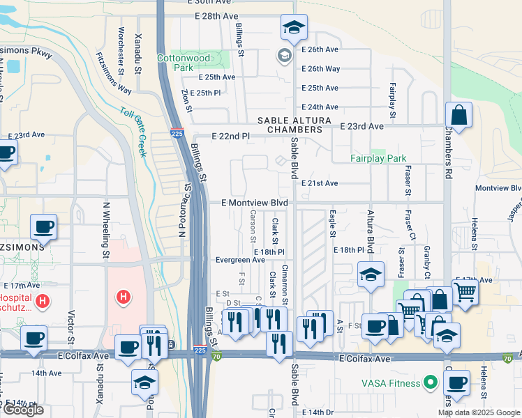 map of restaurants, bars, coffee shops, grocery stores, and more near 14285 East 19th Place in Aurora