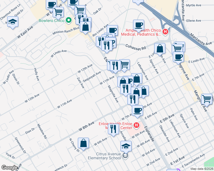 map of restaurants, bars, coffee shops, grocery stores, and more near 2045 Magnolia Avenue in Chico