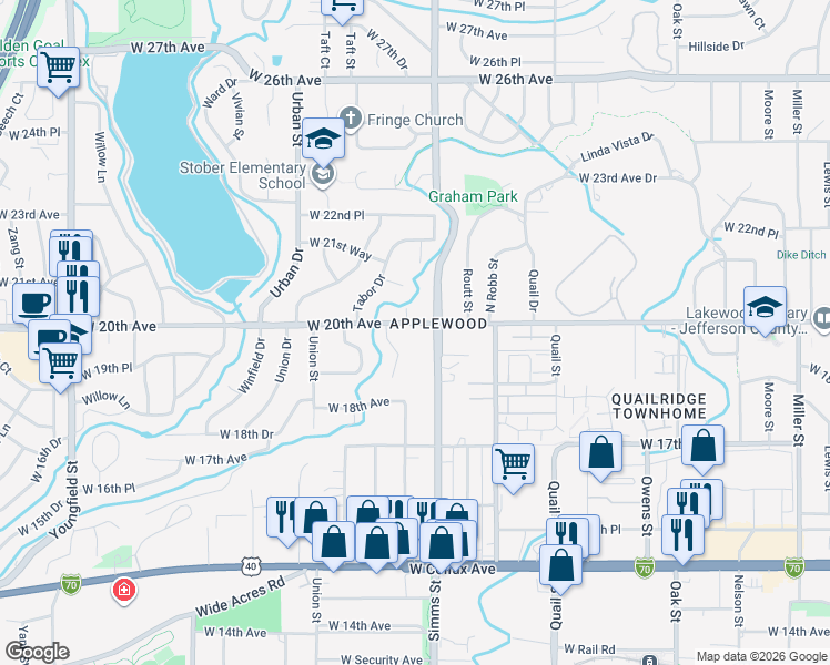 map of restaurants, bars, coffee shops, grocery stores, and more near 11650 West 20th Avenue in Lakewood