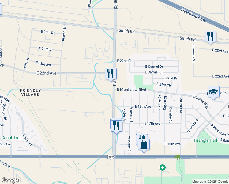 map of restaurants, bars, coffee shops, grocery stores, and more near 2000 Tower Road in Aurora