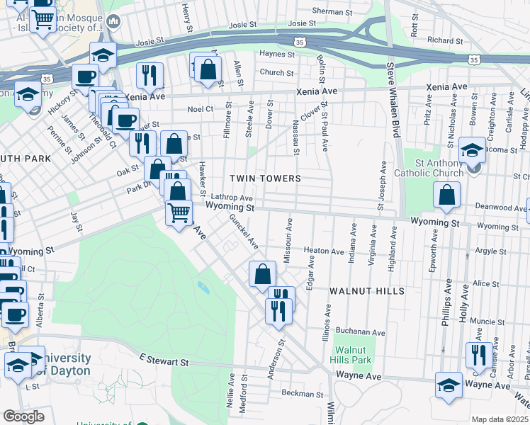 map of restaurants, bars, coffee shops, grocery stores, and more near 926 Wyoming Street in Dayton