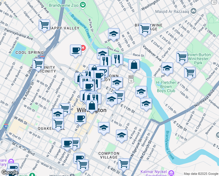 map of restaurants, bars, coffee shops, grocery stores, and more near 1201 North King Street in Wilmington