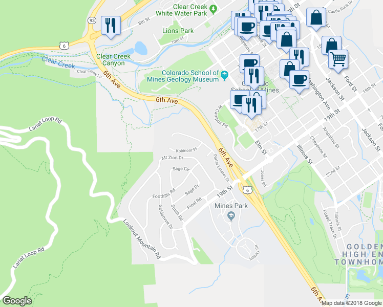 map of restaurants, bars, coffee shops, grocery stores, and more near 1902 Mount Zion Drive in Golden