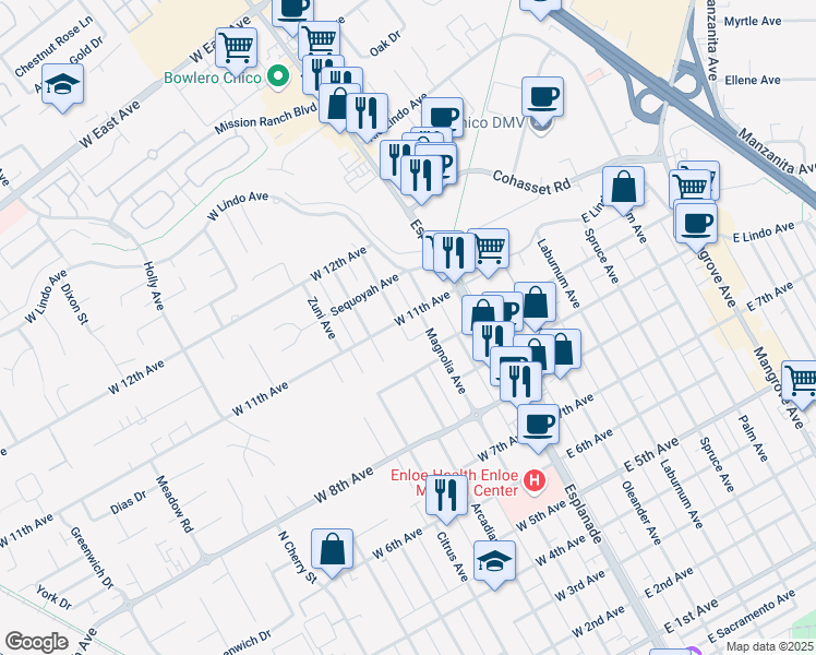 map of restaurants, bars, coffee shops, grocery stores, and more near 2088 Lamb Lane in Chico
