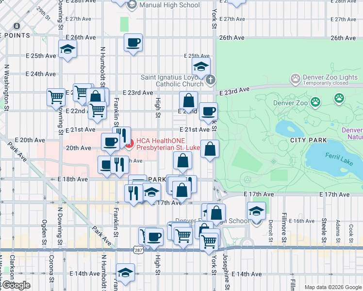 map of restaurants, bars, coffee shops, grocery stores, and more near 2027 East 20th Avenue in Denver