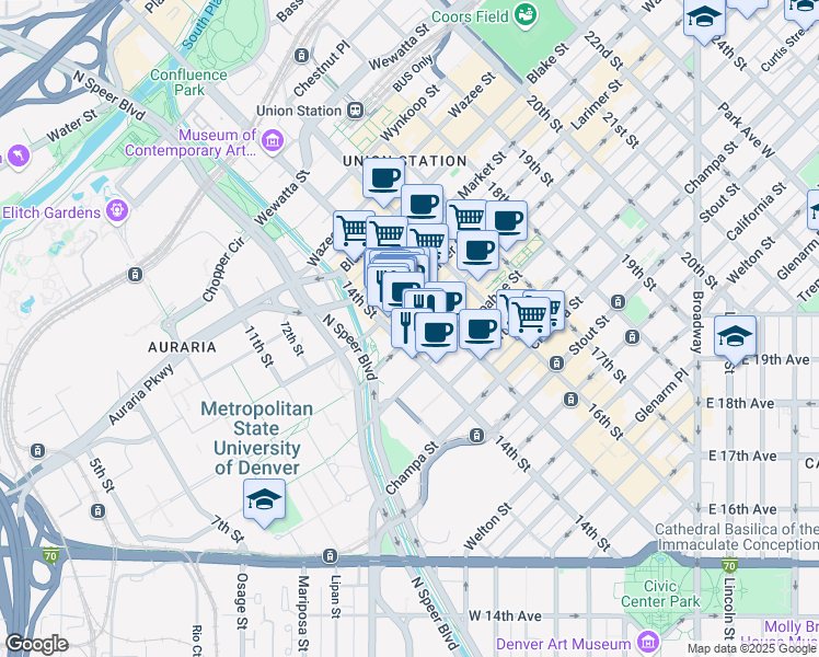 map of restaurants, bars, coffee shops, grocery stores, and more near 1401 Lawrence Street in Denver
