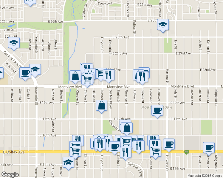 map of restaurants, bars, coffee shops, grocery stores, and more near 1982 Del Mar Parkway in Aurora
