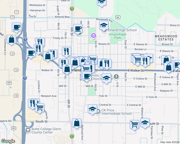 map of restaurants, bars, coffee shops, grocery stores, and more near 712 4th Street in Orland