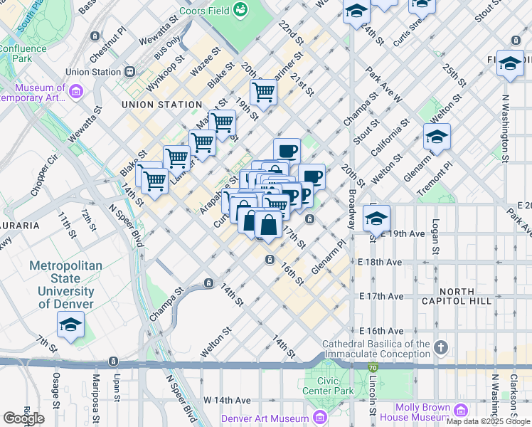 map of restaurants, bars, coffee shops, grocery stores, and more near 828 17th Street in Denver