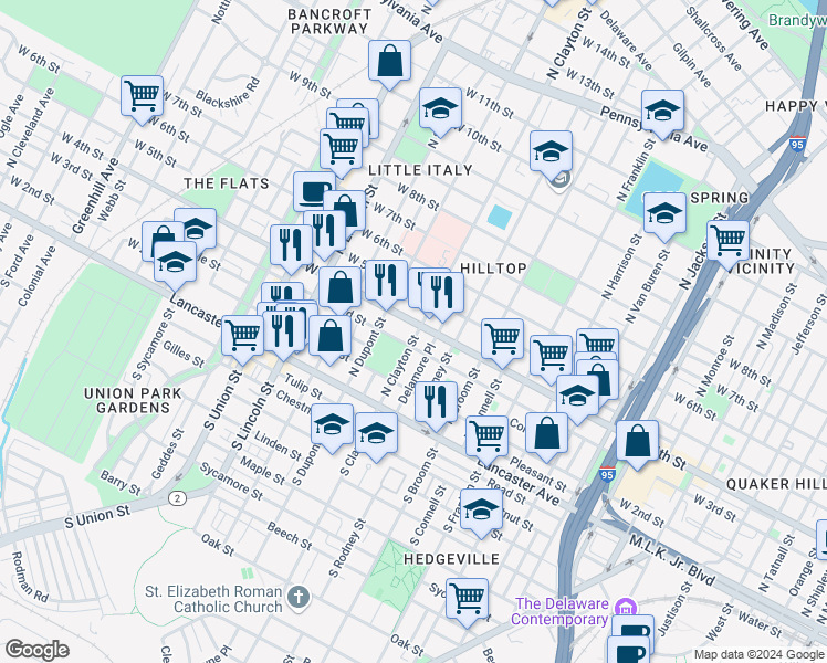 map of restaurants, bars, coffee shops, grocery stores, and more near 1600 West 4th Street in Wilmington