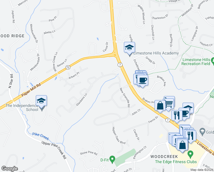 map of restaurants, bars, coffee shops, grocery stores, and more near 24 Addicks Court in Wilmington