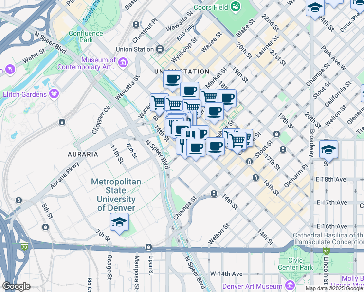 map of restaurants, bars, coffee shops, grocery stores, and more near 1401 Lawrence Street in Denver