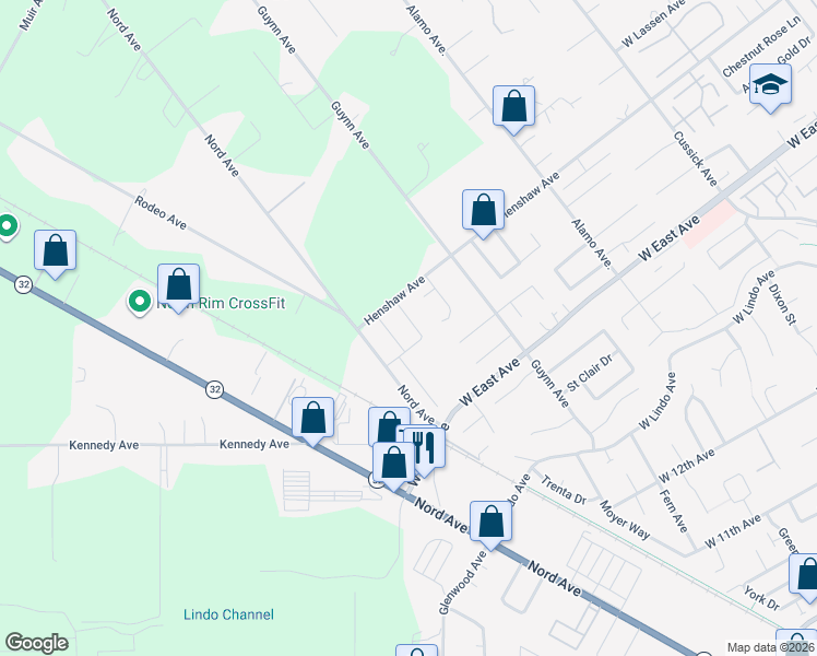 map of restaurants, bars, coffee shops, grocery stores, and more near 2645 Wesley Way in Chico