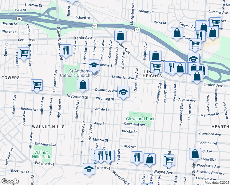 map of restaurants, bars, coffee shops, grocery stores, and more near 2002 Deanwood Avenue in Dayton