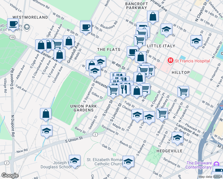 map of restaurants, bars, coffee shops, grocery stores, and more near 1 South Bancroft Parkway in Wilmington