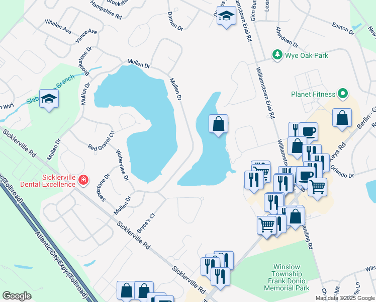 map of restaurants, bars, coffee shops, grocery stores, and more near 45 Mullen Drive in Sicklerville