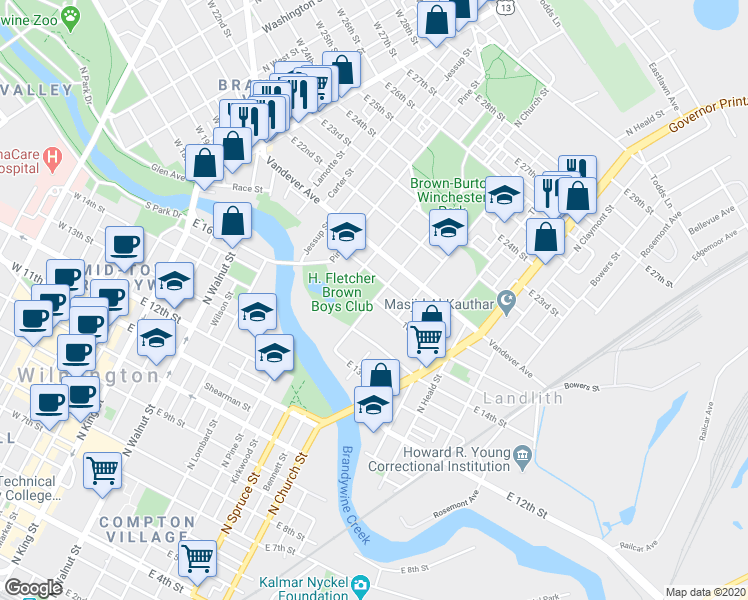 map of restaurants, bars, coffee shops, grocery stores, and more near North Church Street in Wilmington