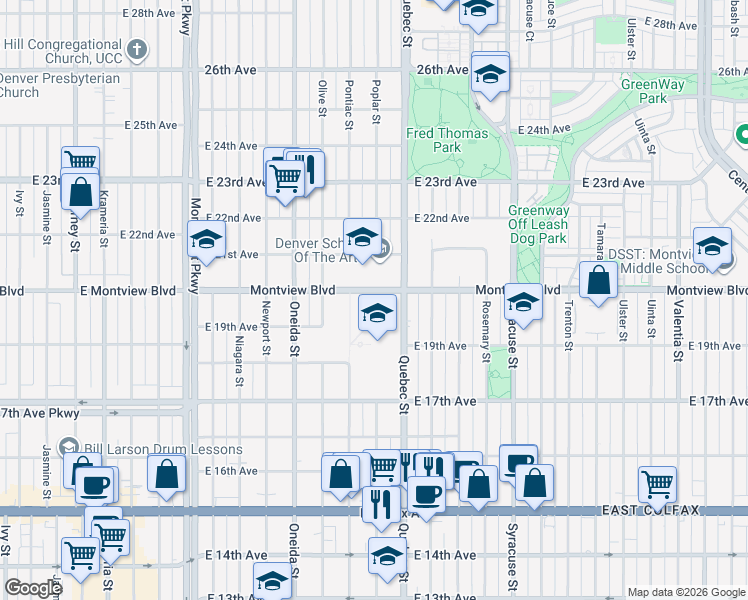 map of restaurants, bars, coffee shops, grocery stores, and more near 7150 E Montview Blvd in Denver