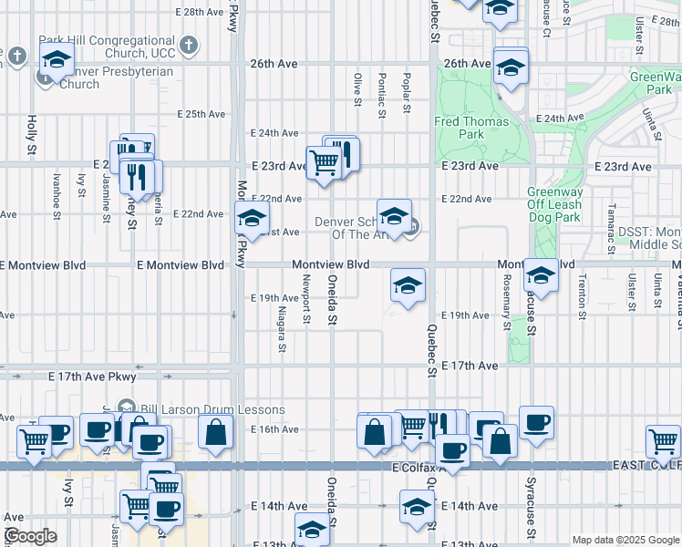 map of restaurants, bars, coffee shops, grocery stores, and more near 1935 Oneida Street in Denver