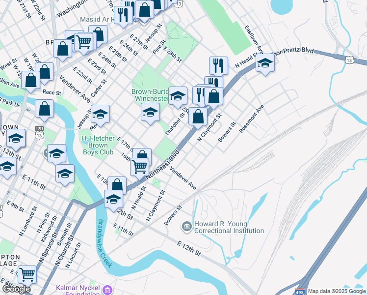 map of restaurants, bars, coffee shops, grocery stores, and more near 1121 East 22nd Street in Wilmington