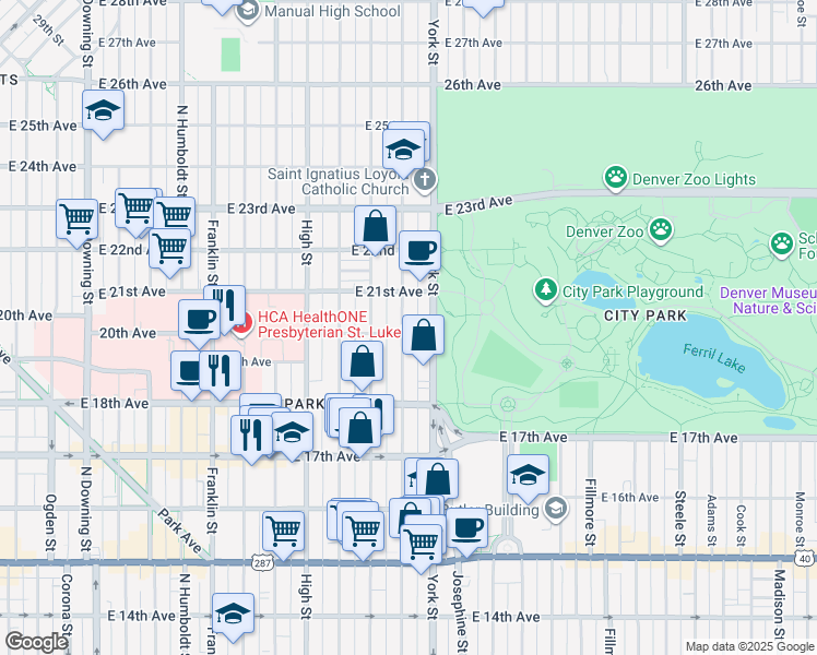 map of restaurants, bars, coffee shops, grocery stores, and more near 2000 North Gaylord Street in Denver