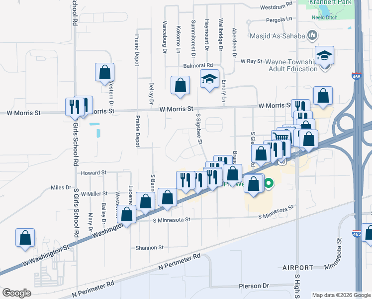map of restaurants, bars, coffee shops, grocery stores, and more near 6774 Lambert Street in Indianapolis