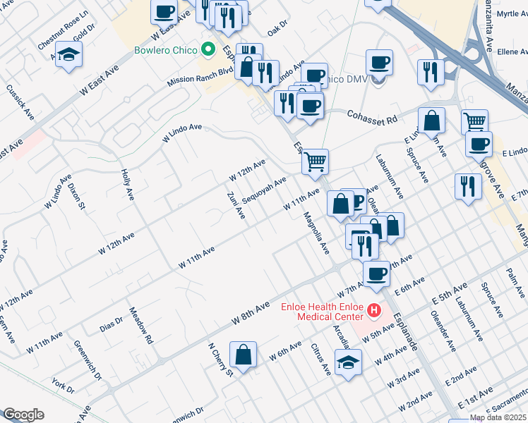 map of restaurants, bars, coffee shops, grocery stores, and more near 2109 Shoshone Avenue in Chico