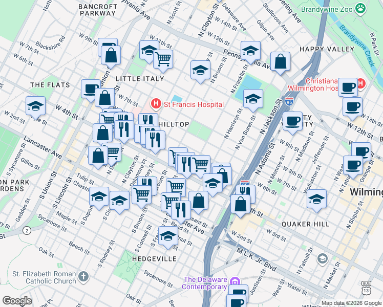 map of restaurants, bars, coffee shops, grocery stores, and more near 1316 West 6th Street in Wilmington