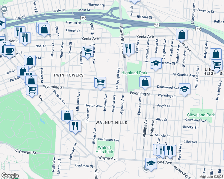 map of restaurants, bars, coffee shops, grocery stores, and more near 1419 Wyoming Street in Dayton
