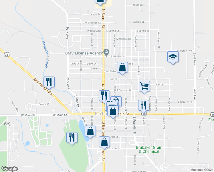 map of restaurants, bars, coffee shops, grocery stores, and more near 100 East Decatur Street in Eaton