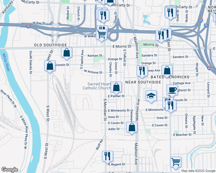 map of restaurants, bars, coffee shops, grocery stores, and more near 1469 South Meridian Street in Indianapolis