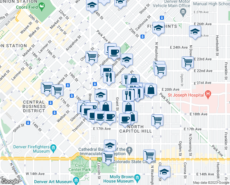 map of restaurants, bars, coffee shops, grocery stores, and more near 1934 Grant Street in Denver