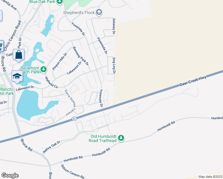map of restaurants, bars, coffee shops, grocery stores, and more near 1266 Dog Leg Drive in Chico