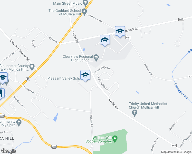 map of restaurants, bars, coffee shops, grocery stores, and more near 145 Fellowship Lane in Gloucester County