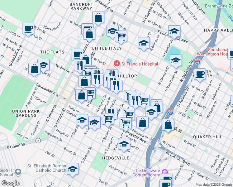 map of restaurants, bars, coffee shops, grocery stores, and more near 401 North Rodney Street in Wilmington