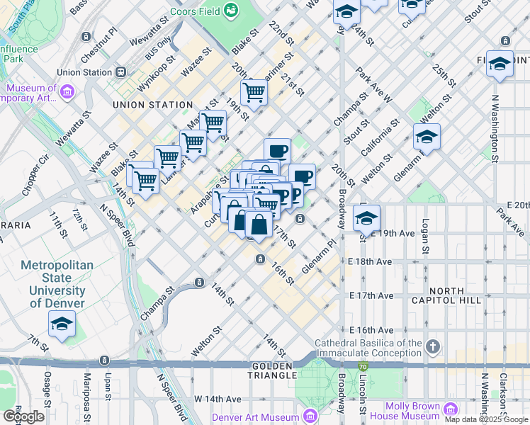 map of restaurants, bars, coffee shops, grocery stores, and more near 817 17th Street in Denver