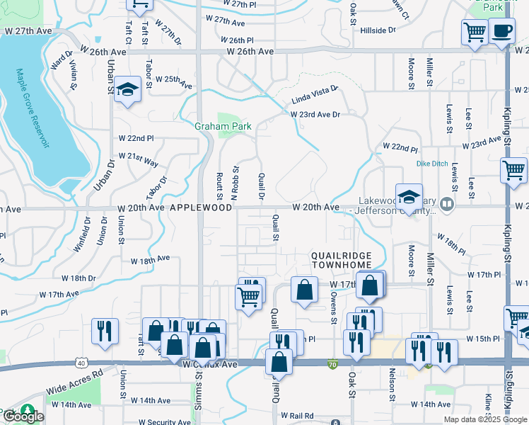 map of restaurants, bars, coffee shops, grocery stores, and more near 11256 West 20th Avenue in Lakewood