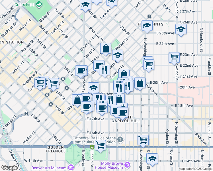 map of restaurants, bars, coffee shops, grocery stores, and more near 1975 Grant Street in Denver