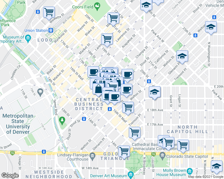 map of restaurants, bars, coffee shops, grocery stores, and more near 826 17th Street in Denver
