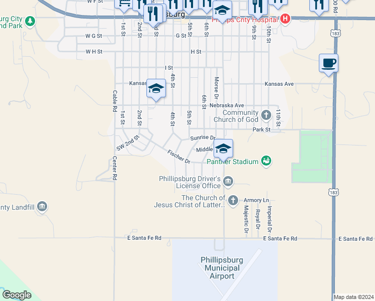 map of restaurants, bars, coffee shops, grocery stores, and more near 311 South 6th Street in Phillipsburg