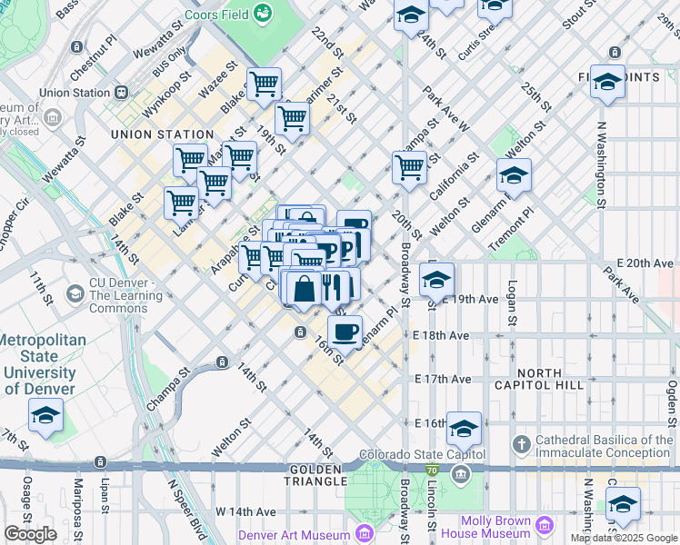 map of restaurants, bars, coffee shops, grocery stores, and more near 1701 California Street in Denver