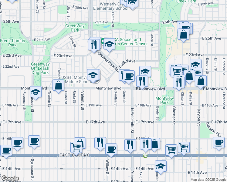 map of restaurants, bars, coffee shops, grocery stores, and more near 8630 Montview Boulevard in Denver