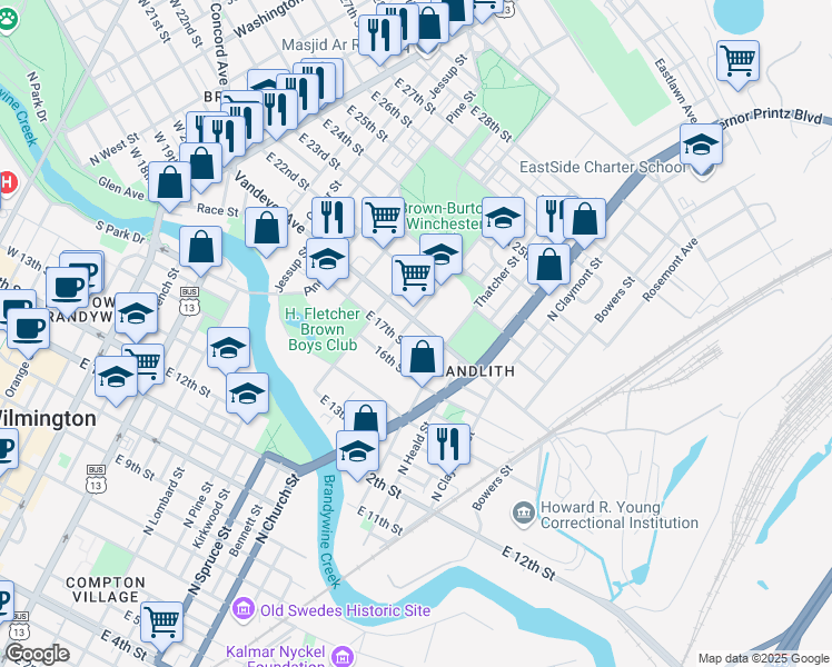 map of restaurants, bars, coffee shops, grocery stores, and more near 910 Vandever Avenue in Wilmington