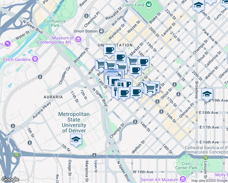 map of restaurants, bars, coffee shops, grocery stores, and more near 1401 Lawrence Street in Denver