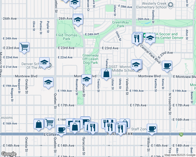 map of restaurants, bars, coffee shops, grocery stores, and more near 1977 Trenton Street in Denver