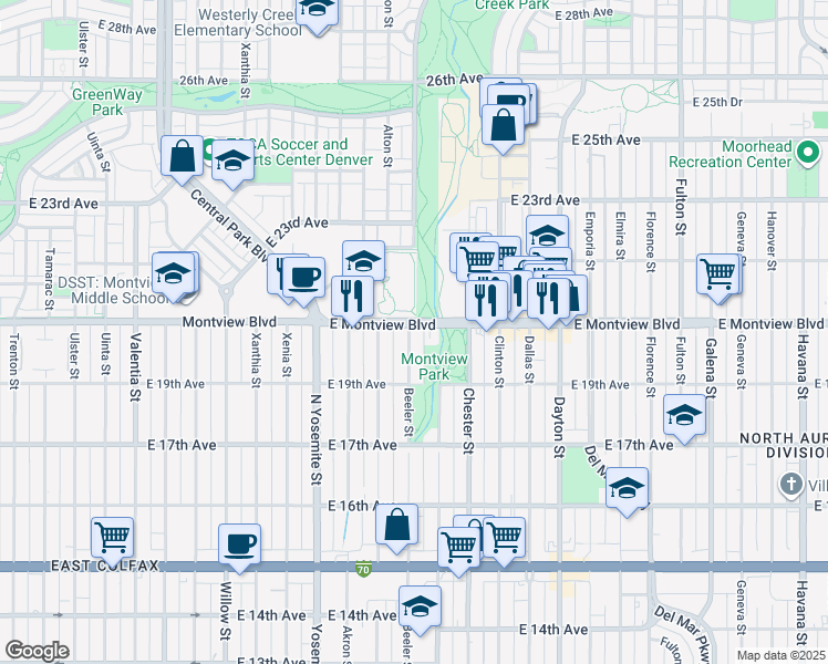 map of restaurants, bars, coffee shops, grocery stores, and more near 1979 Beeler Street in Aurora