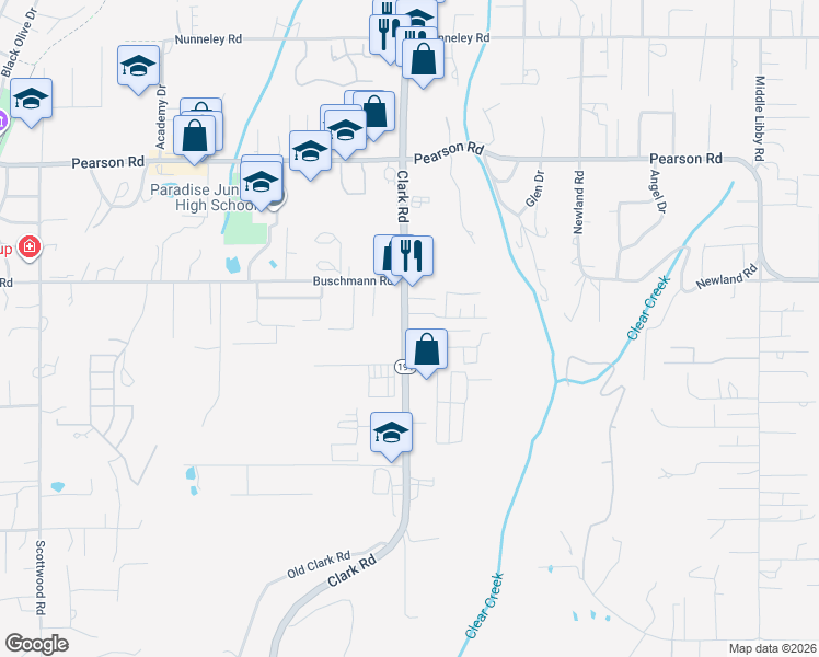 map of restaurants, bars, coffee shops, grocery stores, and more near 5491 Clark Road in Paradise