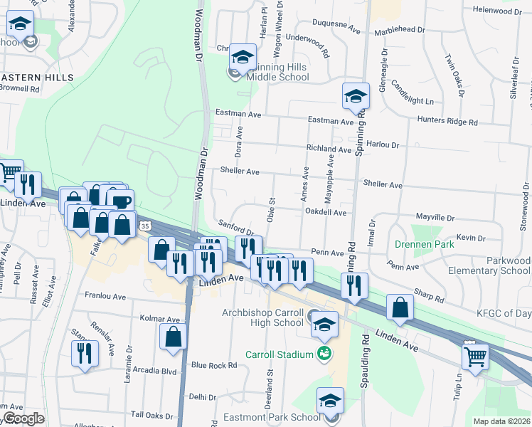 map of restaurants, bars, coffee shops, grocery stores, and more near 1250 Vega Court in Dayton