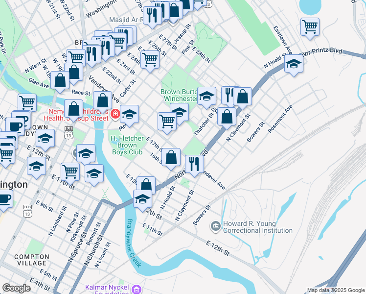 map of restaurants, bars, coffee shops, grocery stores, and more near 2107 Thatcher Street in Wilmington