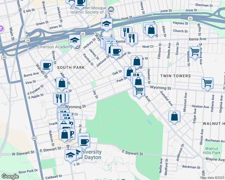map of restaurants, bars, coffee shops, grocery stores, and more near 128 Cross Street in Dayton